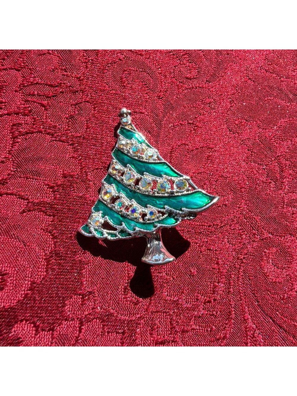 Vintage Christmas Tree Brooch Pin Green Enamel AB Rhinestones Silver Tone 2.25"